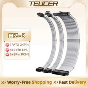 TEUCER-Kit de Cable de extensión PSU blanco MZ-3, 3 en 1, 300mm, PSU a ATX, 24 Pines, PCI-E, 6 + 2 pines, CPU, 4 + 4 pines, Cable con peines