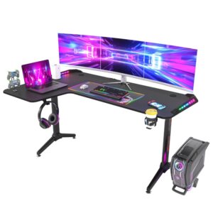 Escritorio de Pie Grande en forma de L, escritorio de juegos de 60 pulgadas, escritorio de esquina con luces LED RGB para computadora, oficina en casa
