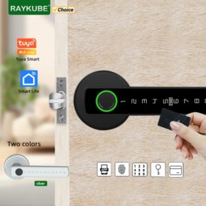 RAYKUBE-cerradura de puerta Digital con huella dactilar, dispositivo electrónico con contraseña, llave, tarjeta IC, Smartlife, aplicación Tuya, desbloqueo