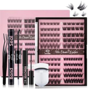 Kit de extensión de pestañas, Kit de pestañas individuales de 4 estilos, grupos de pestañas naturales, Kit de pestañas Wispy, maquillaje de pegamento de pestañas, bricolaje en casa