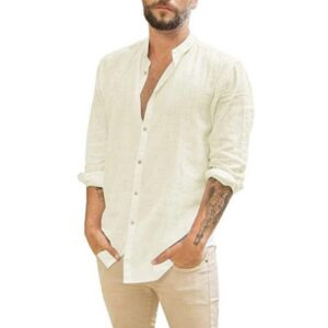 Camisas de manga larga de lino y algodón para hombre, camisas de verano de Color sólido, cuello alto, estilo informal de playa, talla grande, gran oferta