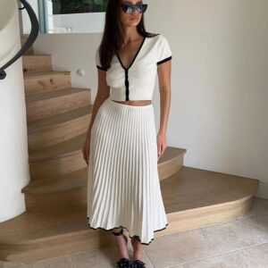Conjunto plisado de 2 piezas para mujer, traje de falda larga blanca de manga corta con cuello en V, top corto, vestido elegante, talla grande S-3XL, verano 2024
