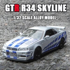 Modelo de coche de simulación de aleación rápida, vehículos de juguete y decoración de coches furiosos, 1:32 GTR R34 SKYLINE, niños