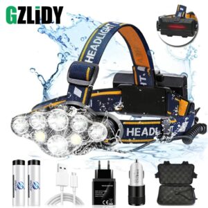 Potente faro delantero de 8 LED, recargable por USB, resistente al agua, T6, superbrillante, para exteriores, linterna 18650 con luz trasera de advertencia