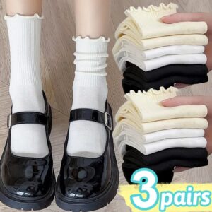 Calcetines tobilleros Harajuku con volantes para mujer y niña, medias de tubo medio de algodón suave y transpirable, color blanco y negro, Jk Lolita