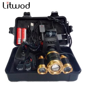 Linterna frontal LED T6 con zoom de 13000LM, linterna de Luz Portátil para pesca, batería 18650, cargador y caja de embalaje