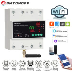 Interruptor de temporizador con Control remoto por voz, dispositivo con WiFi, trifásico, 4P, 100A, Auto-Pérdida, sobre bajo voltaje, Protector, medidor prepago
