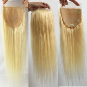 Extensiones de Cabello Remy con cierre de encaje superior de seda, Base de piel de silicona rubia n. ° 613, cabello humano con Clip de pelo de bebé, 5x5 pulgadas