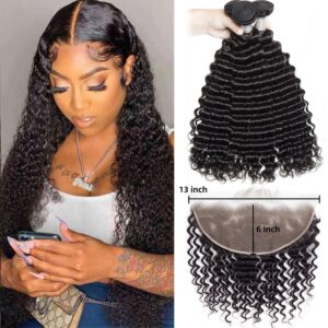 Mechones de cabello humano rizado profundo con cierre Frontal, mechones de encaje Frontal transparente, 13x6