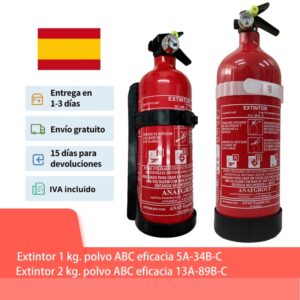 Extintor 1 Kg. eficacia 5A-34B-C o de 2 Kg. eficacia 13A-89B-C extintor incendios casa barco automóvil con manómetro y soporte marcado y fabricado CE