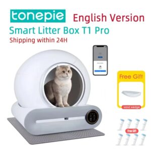 Tonepie-caja de arena inteligente para gatos, automática, autolimpieza, completamente cerrada, bandeja de inodoro para mascotas, versiones en inglés, 65L