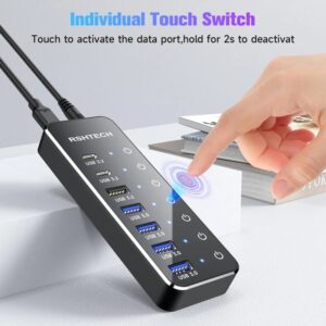 RSHTECH-concentrador USB C alimentado por 7 puertos, con USB-C de 10Gbps, 3,2 puertos, interruptores táctiles individuales, adaptador de corriente de 5V/3A, divisor USB para ordenador portátil