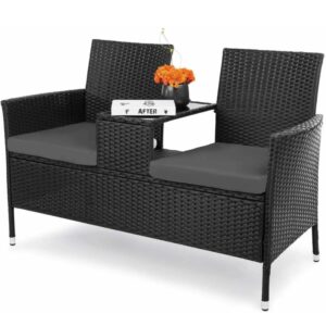 Juego de sillas de mimbre para exteriores, muebles de jardín con mesa de centro de cristal y cojines suaves, para Patio trasero, césped y piscina