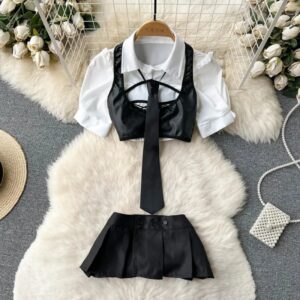 Hotsweet-trajes de falda erótica Preppy para mujer, Tops de manga corta, chaleco y minifalda con botones, traje ahuecado Sexy, conjuntos de 2 piezas