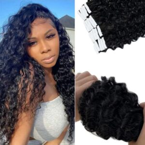 Cinta rizada en extensiones de cabello humano para mujeres negras, cinta rizada en extensiones de cabello humano, cinta ins Black Salon, alta calidad # 1B