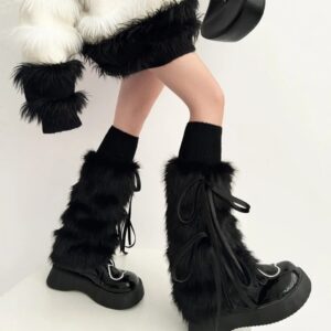 Calentador piernas felpa peluda para mujer, funda para botas, bonita cinta, lazo, cubierta para polainas peludas