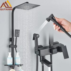 Grifo de ducha cromado negro de 3/4 vías, mezclador de agua fría y caliente, bidé, estante de productos básicos para Baño