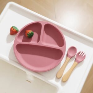 Juego de vajilla de silicona para niños, plato de cena de silicona con mango de madera, cuchara, tenedor, vajilla de entrenamiento sin BPA, 3 piezas