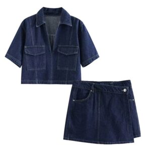 TRAF-Conjunto de 2 piezas para mujer, Top de mezclilla y Falda vaquera asimétrica, Top corto con cuello abatible, 2024