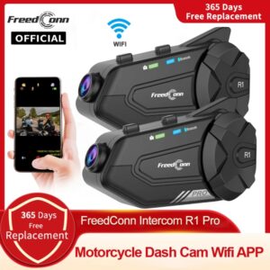 Freedconn-intercomunicador R1 Pro para casco de motocicleta, auriculares con altavoz, aplicación WiFi, cámara de salpicadero, Dvr automático
