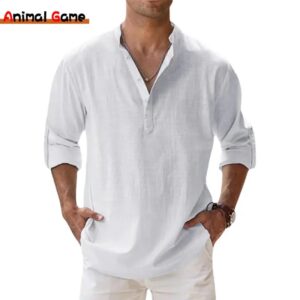 Camisas de lino y algodón para hombre, camisas informales ligeras de manga larga, Henley, playeras hawaianas, nuevas