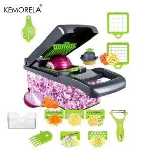 Picadora de verduras multifuncional 14/16 en 1, picadora de cebolla con mango, rejilla para alimentos, picadora de alimentos, cortadora de verduras de cocina