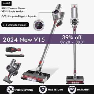 V15 Aspiradora portátil inalámbrica 30kPa succión 330w motor digital ocho en uno pantalla LCD batería de vacío desmontable lámpara de detección de polvo 1.2l taza de vacío trapeador de agua eliminador de ácaros