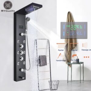 Panel de ducha con luz LED, conjunto de grifo de ducha con pantalla Digital de cascada y lluvia, columna de baño de chorro de masaje de SPA, sistema de torre de grifo mezclador