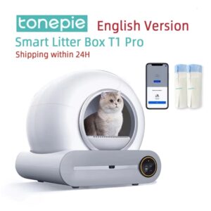 Tonepie-caja de arena inteligente para gatos, automática, autolimpieza, completamente cerrada, bandeja de inodoro para mascotas, versiones en inglés, 65L