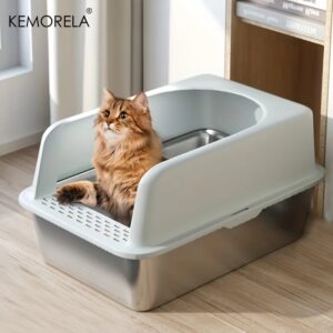 Caja de arena de acero inoxidable XL de 60/50CM con tapa, caja de arena grande de lado alto, adecuada para gatos grandes y pequeños, no absorbe el olor