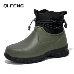 Zapatos de lluvia de cuero para hombre, calzado de agua antideslizante, suela gruesa, botas cálidas de felpa para montañismo al aire libre, botas de seguridad para el trabajo