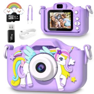 Mini cámara de dibujos animados para niños y niñas, juguetes de unicornio, regalos de cumpleaños, pantalla de 2 pulgadas 1080P HD con tarjeta SD de 32G, cámara de vida de grabación