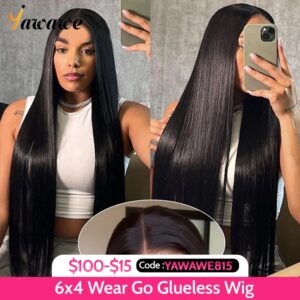 Yawawe-Peluca de cabello humano liso para mujer, postizo de encaje Frontal precortado, predespuntado, listo para usar, 6x4