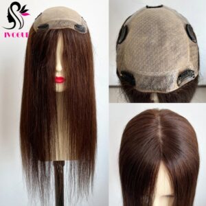 Topper de cabello humano europeo virgen para mujer, Base de piel de seda, tupé superior Natural, Color marrón medio, 15x16cm, pieza de cabello Pu alrededor de 24"