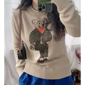 Suéter de punto bordado con patrón de oso Rl para mujer, Jersey informal de manga larga, suéter de cuello redondo, recién llegado, estilo europeo