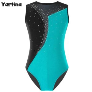 Leotardos de Ballet con diamantes de imitación brillantes para niñas, traje de baile, patinaje artístico, sin mangas, escote redondo, Ropa de baile