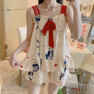 Conjunto de pijama de dos piezas para mujer, camisola versión coreana, ropa de casa informal con lazo de dibujos animados para estudiante y Niña