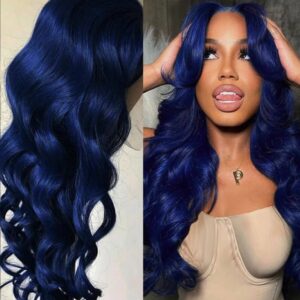 Berondo-peluca sintética con malla Frontal para mujeres negras, pelo largo y liso de 26 pulgadas, color azul oscuro