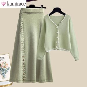 Conjunto de ropa para mujer, falda estilo té, vestido de principios de invierno, suéter verde, abrigo, falda, ropa de dos piezas