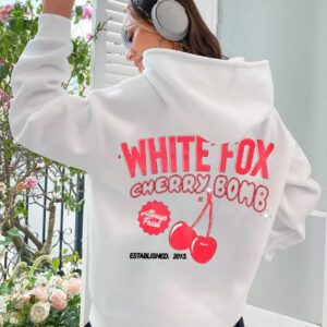 Sudadera con capucha para mujer, suéter de manga larga con Estampado de cereza y zorro blanco, con cordón, a la moda, novedad