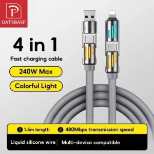 Oatsbasf-Cable de carga rápida 4 en 1 para iPhone, Cable Usb tipo C de 240 Mbps, transmisión de datos con luz colorida, 480 w, USB-C