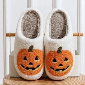 Smile Pumpkin-Zapatillas de Halloween para mujer, zapatos planos de felpa, suaves e informales, con dibujos animados, cómodos, para interiores y dormitorios, para regalo, Invierno