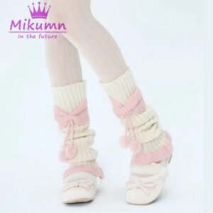 Harajuku-Calcetines de felpa con lazo para niña, calentadores de piernas, Lolita japonesa, Kawaii, dulce JK, Rosa, con volantes, tejido cálido