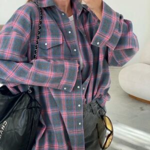 Camisa de manga larga Vintage para mujer, camisa a cuadros de gran tamaño, camisa holgada con bolsillo de solapa, blusa de estilo coreano, moda de otoño e invierno