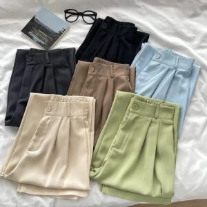 Pantalones elásticos de cintura alta para mujer, pantalón informal holgado de lápiz liso, traje de trabajo de nueve puntos, primavera y verano, 2024