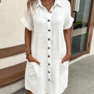 Minivestido Vintage de lino y algodón para mujer, prenda informal con cuello en V y manga tres cuartos, a la moda, Verano