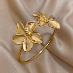 Greatera-brazalete de doble flor de acero inoxidable para mujer, pulseras florales de Metal de Color dorado, joyería de fiesta impermeable