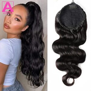 Cola de Caballo ondulada para mujer, coleta con cordón de cabello humano brasileño # 1B, extensiones de coleta con Clip, 22, 24 y 26 pulgadas