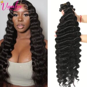 Vanlov-extensiones de cabello humano peruano, mechones de cabello ondulado profundo suelto, 3 o 4 mechones, Color Natural