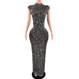 Vestido largo negro sin mangas con diamantes de imitación brillantes para mujer, malla Sexy para celebración de noche, graduación, cumpleaños, sesión de fotos, ropa de espectáculo